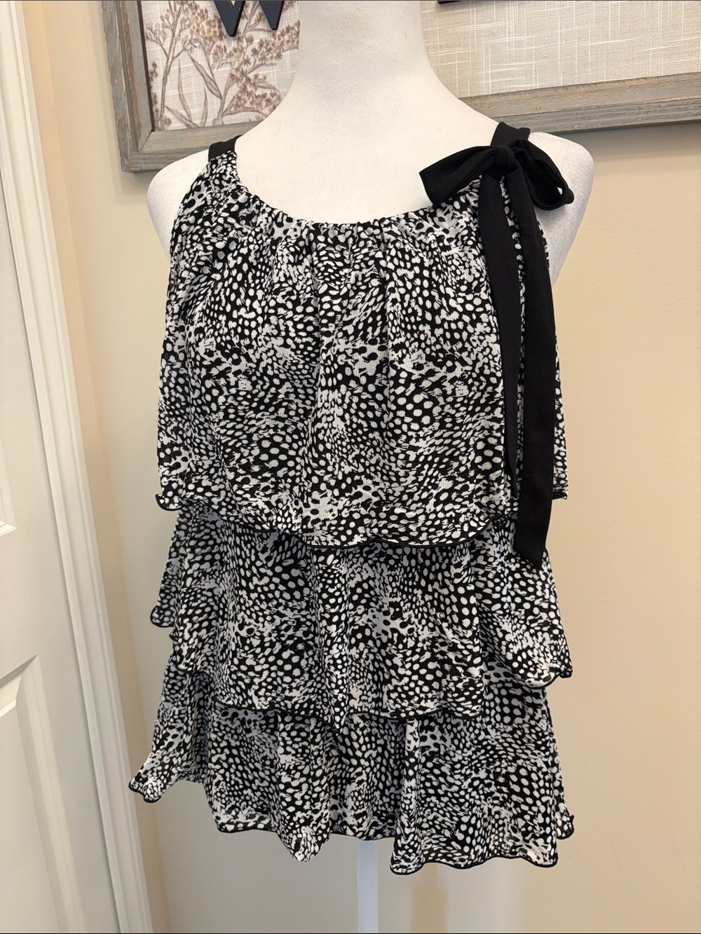 Style & Co. Black and White Tiered Ruffle Blouse with Shoulder Tie size PS
